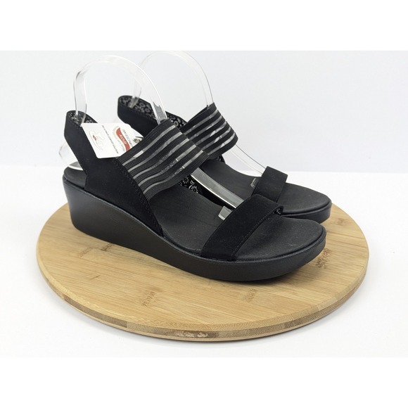 Sketchers Rumblers Wedge Sandals Womans 10 Black Slingback Arch Support Stretch - Picture 1 of 11